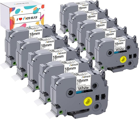 Hehua Tze Tz Tape 18mm 0.7 Laminated Tape Compatible for Brother TZe-241 TZe241 TZ241 TZ-241 Label Maker Tape 18mm 0.7 White for Ptouch PT-D400 PT-D600 PTD600vp, 3/4 inch Black on White, 10 Pack