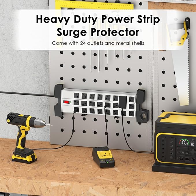 HHSOET Heavy Duty Power Strip with Surge Protection, Industrial Commercial Metal 24 Outlets Wall Mount for Garage Shop, 15 Amp, Switch, 6FT Extension Cord, Grey.