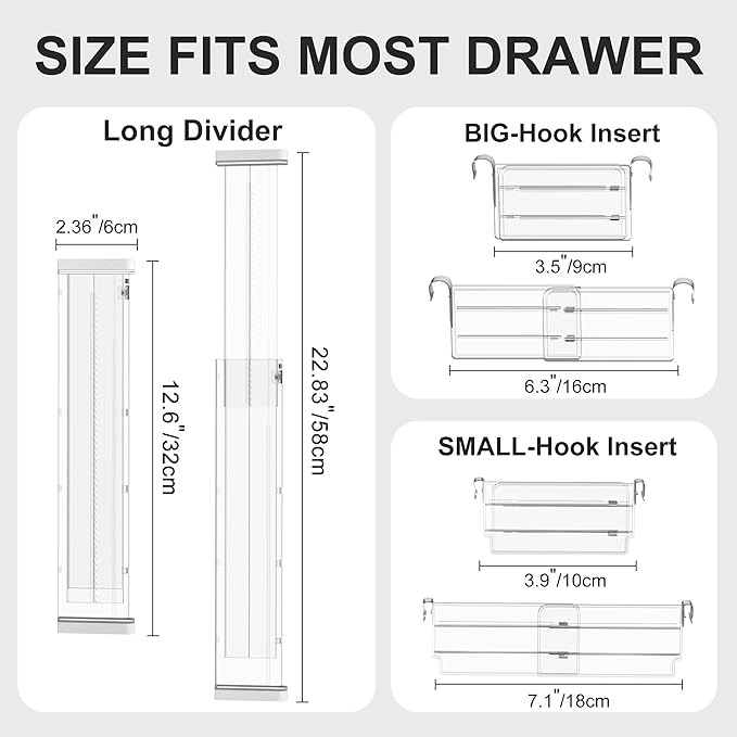 HiYZ Expandable Drawer Dividers with Inserts - Adjustable Drawer Organizers Separators for Kitchen, Bedroom, Dresser, Office, 8 Long Dividers(12.6-22.8 IN) with 16 Inserts(3.9-7.1 IN) - Clear