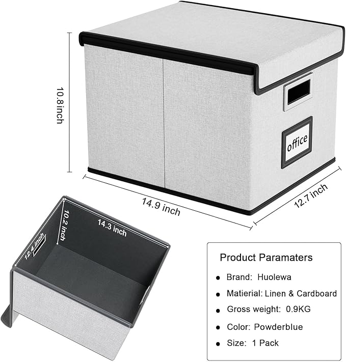 Huolewa File Organizer Box with Lid, Collapsible File Folder Organizer for Office Document Storage, Filing Box with Plastic Slide for Letter/Legal Size Hanging Files, Light Grey