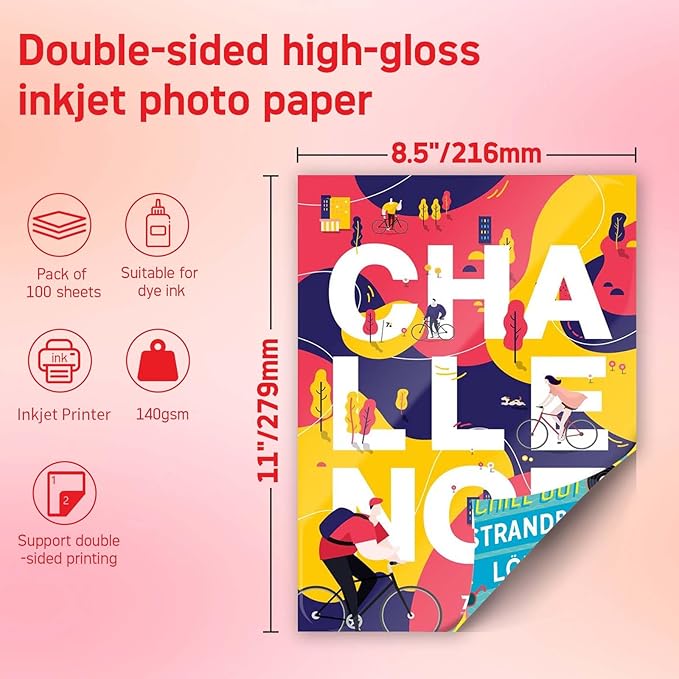 140gsm Glossy Brochure and Flyer paper Double Sided Glossy Photo Paper 100 Sheets 8.5x11 Inches for Inkjet Printer and Dye Ink Chip Bag Paper for Party Favors