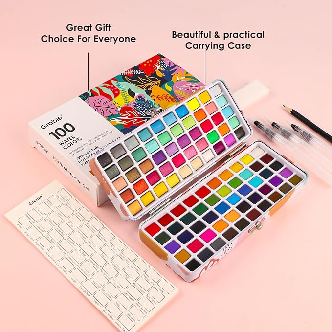 Grabie 100 Colors Watercolor Paint Set - 50 Regular, 35 Metallic, 10 Macaron and 5 Fluorescent Colors - Portable with Carrying Case, Water Brush Pens, and Accessories - For Beginners and Professionals
