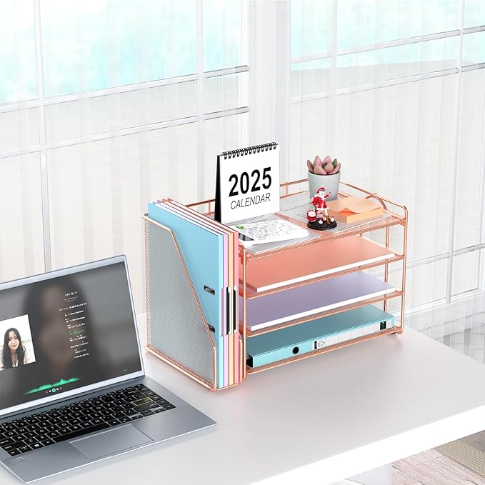 gianotter 4-Tier Paper Organizer With Magazine Holder, Desk Organizers and Accessories, Cute Desk Accessories for Women, File Organizer for Office Supplies Storag(Rose Gold)