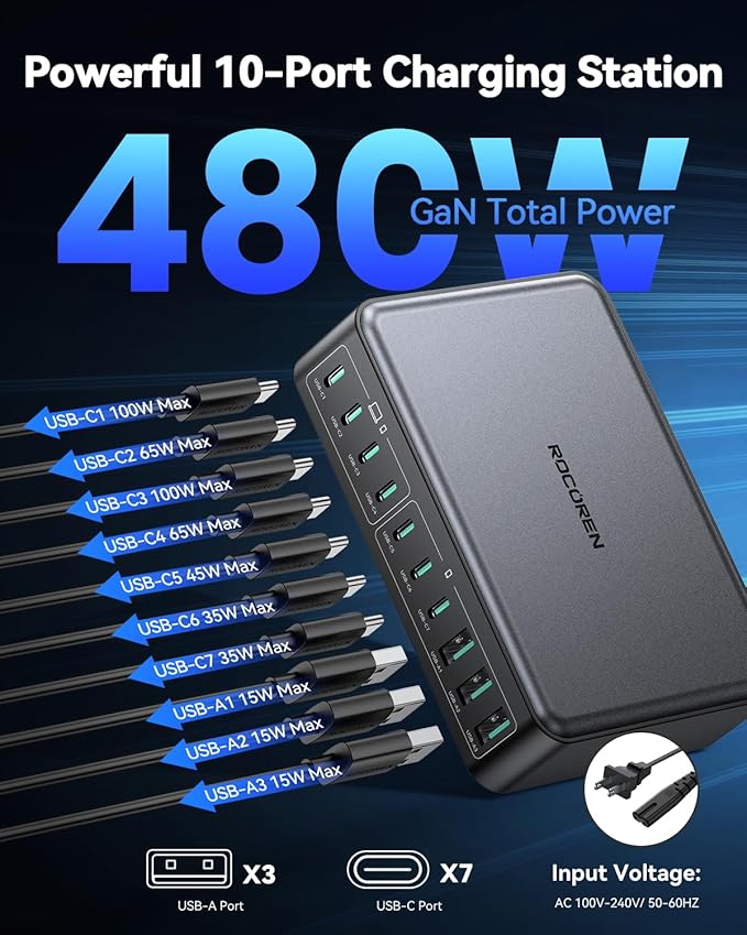 480W USB C Charger Block, Rocoren 10-Ports USB C Charging Station for Multiple Devices,PD 100W Type c Gan Fast Charger Station Multi USBC Charging Hub for Laptop MacBook HP iPad iPhone Samsung