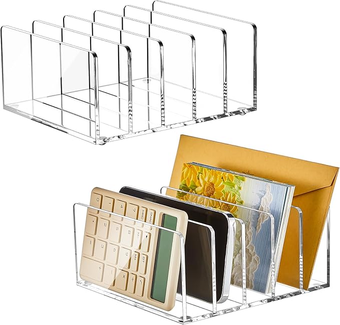 Geyoga 2 Pcs Acrylic File Holder Clear Mail Folder Organizer 5 Sections Multifunction Desktop Storage Letter Sorter Envelope Vertical Dividers for Office, Home, Desk Organization