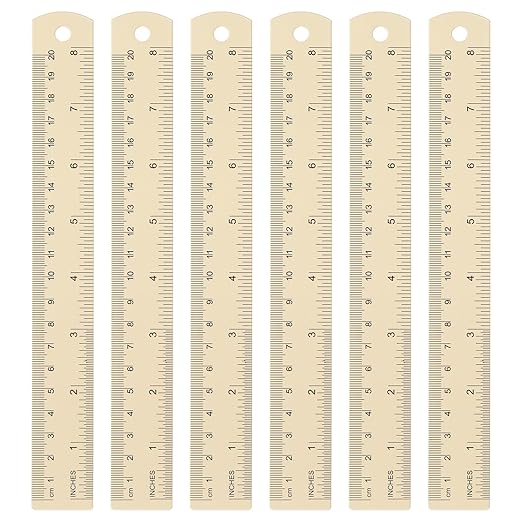 HARFINGTON 6pcs Metal Straight Ruler 20cm Metric SAE Aluminum Alloy Measuring Rulers Scale Tool with Hole for Measure Study Reading Classroom Office, Beige