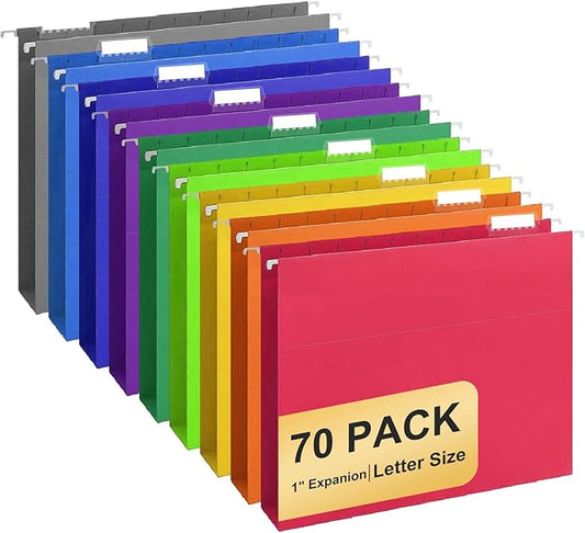 Hanging File Folders, 70 Pack Letter Size Hanging File folders with 1/5-cut Tabs, Stay Organized for Your Home and Office Bulk File, Documents and Paper, 10 Colors