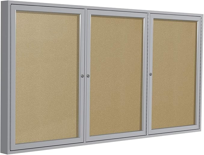 Ghent 36" x 72" 3-Door Outdoor Enclosed Bulletin Board with Lock, Vinyl Material, Shatter Resistant Acrylic Panels, Made in the USA, Satin Aluminum Frame - Caramel