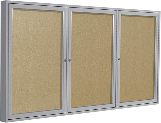 Ghent 36" x 72" 3-Door Outdoor Enclosed Bulletin Board with Lock, Vinyl Material, Shatter Resistant Acrylic Panels, Made in the USA, Satin Aluminum Frame - Caramel