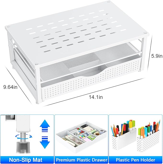 gianotter Desk Organizers and Accessories, Monitor Stand with Drawer and 2 Pen Holder, Desktop Organizer Suitable for Offices and Dormitories (White)