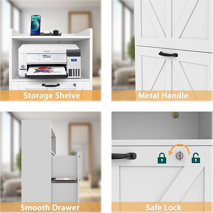 2 Drawer File Cabinet On Wheels & Charging Station, Wood Filing Cabinet with Lock & LED Light, Large Storage Printer Stand for Home Office, White