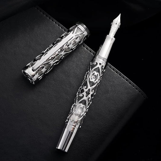 Hongdian D1 Piston Fountain Pen Extra Fine Nib, Hollow Skeleton & Resin Pen with Metal Case Set (Silver)