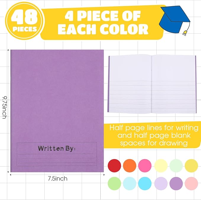 Henoyso 48 Pcs Primary Composition Notebook K-2 9 3/4 x 7 1/2 Inch Primary Journal, Back to School Supplies, Bulk Blank Writing Book for Kid to Write Draw Journal 60 Page Notebooks (Multicolored)