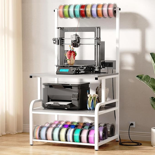 Homieasy Printer Stand with Charging Station, 29.1" x 22.8" Large 3D Printer Table with Filament Storage, Heavy Duty Rolling Printer Cart with 4-Tier Storage for Workshop/Office/Garage, Light Grey