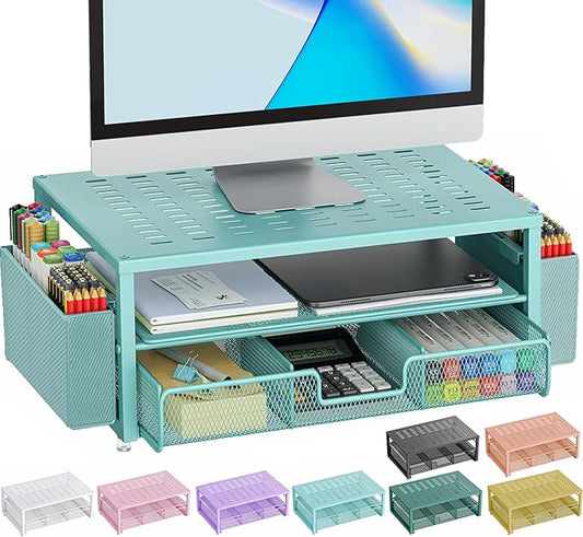 gianotter Desk Organizers and Accessories, Monitor Stand with Drawer and 2 Pen Holder, Desktop Organizer Suitable for Offices and Dormitories (Blue)