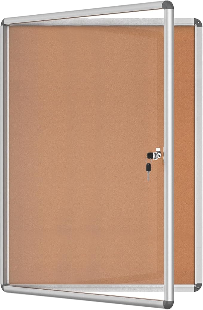 38"x28" Enclosed Bulletin Board, Lockable Weather-Resistant Aluminum Cork Noticeboard for School & Office, Silver Frame w/Cork
