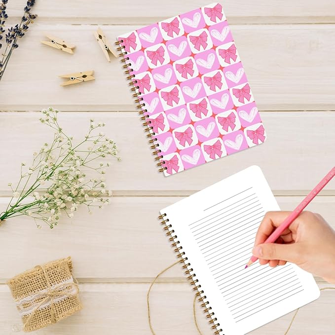 2Pcs Spiral Notebook, Pink Bow Heart College Ruled Spiral Notebook, 160 Pages Hardcover Notebooks Journals for Writing Travel Business Office, Cute Pink Aesthetic Notebooks for Women