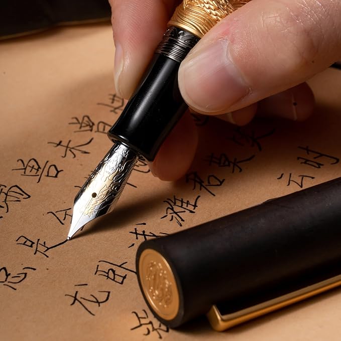 Hongdian N24 Fountain Pen Fine Nib, Golden Dragon Stereoscopic Carving with Red Wood Design