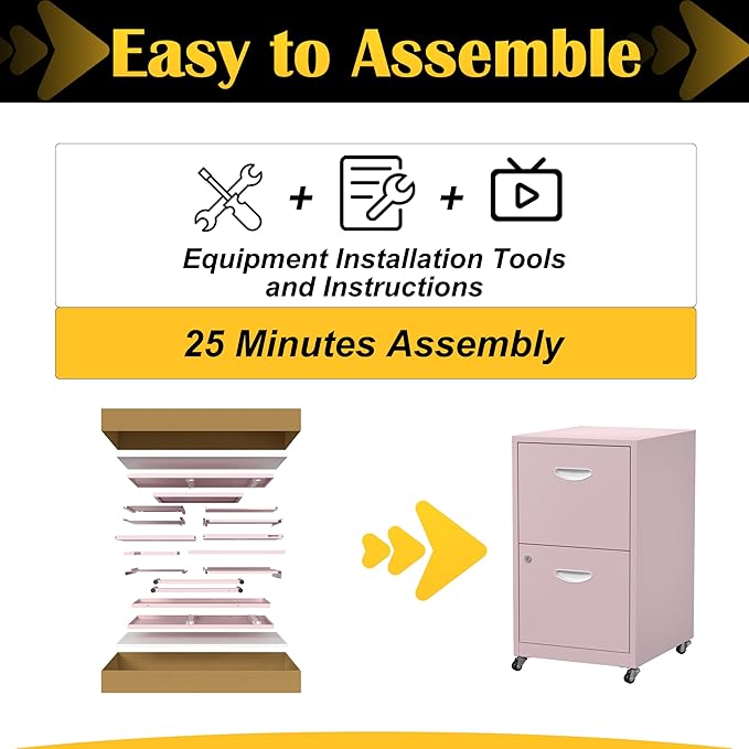 2 Drawer File Cabinet with Lock，Pink Rolling File Cabinet for Home Office, Metal Small Mobile Filing Cabinets on Wheels for Hanging Letter