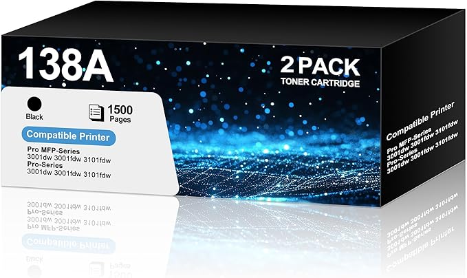 138A Toner Cartridge 2 Black with Chip Compatible for HP 138A W1380A Work with HP Laserjet Pro 3001dw 3001fdw 3001, MFP 3101fdw 3101 High Yeild Printer Toner Cartridge