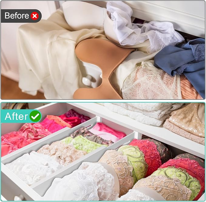 4 Pack Bamboo Drawer Dividers, Adjustable Length from 12 Inch to 17 Inch, Expandable Kitchen Drawer Organizer, Drawer Organization Separators for Clothes, Kitchen, Bedroom, Dresser, Office (White)