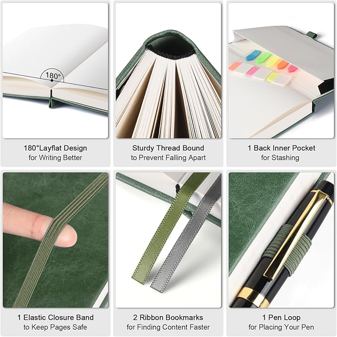 Graph Paper Notebook, 312 Numbered Pages B5 Hardcover Leather Journal, 100gsm No Bleed Grid Paper Notebook with Index Pages, Grid Notebook for Graphing Notes Math, 7.6'' X 10'', Green