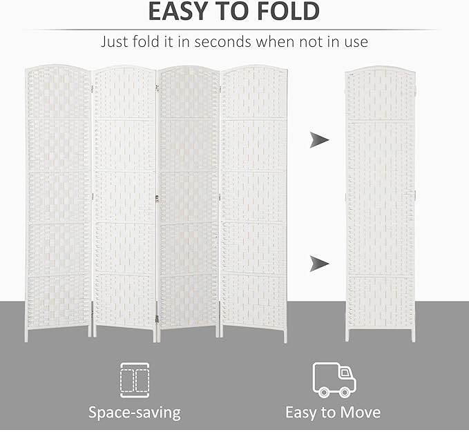 HOMCOM Room Divider, 4 Panel Folding Privacy Screen, 6FT Tall Portable Wicker Weave Partition Wall Divider for Bedroom, Home Office, White