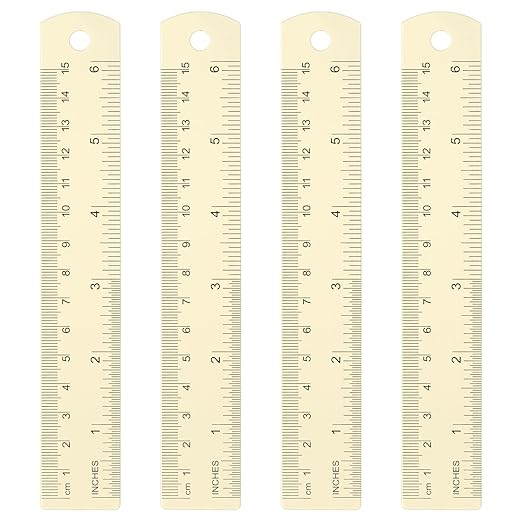HARFINGTON 4pcs Metal Straight Ruler 15cm Metric SAE Aluminum Alloy Measuring Rulers Scale Tool with Hole for Measure Study Reading Classroom Office, White