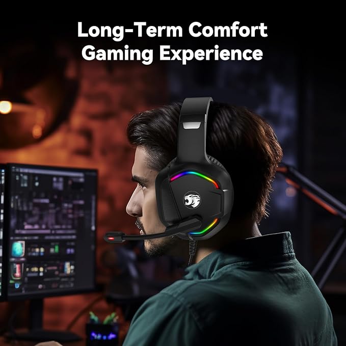 Gaming Headset with Microphone for Pc, Xbox One Series X/s, Ps4, Ps5, Switch, Stereo Wired Noise Cancelling Over-Ear Headphones with Mic, RGB, for Computer, Laptop, Mac, Nintendo, Gamer (Black)