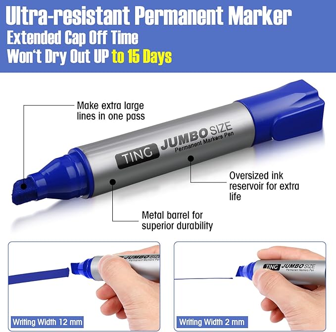 Fuutreo 32 Pcs Jumbo Permanent Markers Bulk Large Chisel Tip Permanent Markers Waterproof Jumbo Pens Quick Drying Office Teacher Supplies(Blue)