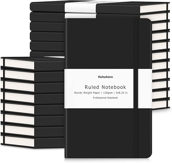 Huhuhero Lined Journal Notebook, 20 Pack Hardcover College Ruled Notebooks for Work School Note Taking, 120 Gsm Thick Paper Journals for Writing, Office School Supplies, 5"×8.25", Black