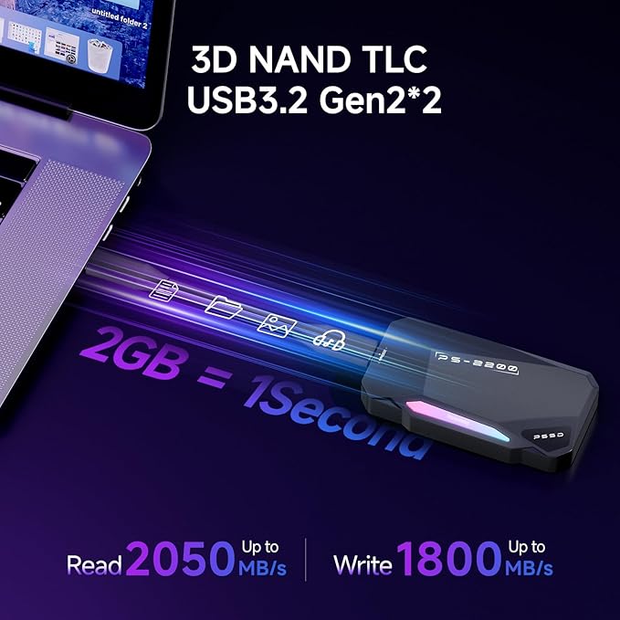2TB Magnetic Portable SSD,2050MB/s Type-C USB 3.2 Gen 2x2 External SSD,4K ProRes Record and Store,Aluminum alloy,RGB Touch Lighting,External Solid State Drive for iPhone15/16/Android/PC/Mac -PS2200