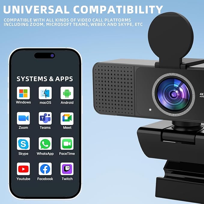 4K Webcam for PC - Autofocus, Noise-Canceling Mic, USB Plug & Play with Privacy Cover Camera 4K for Zoom/Teams/Skype/Google Meet