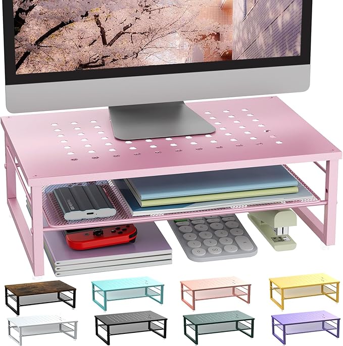 Gianotter 2-Tier Metal Monitor Stand Riser, Workspace Organizer with Desk Accessories, Office Storage for Supplies (Pink)