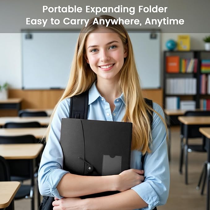 13 Pocket Accordion File Organizer with Elastic Closure, Expanding File Folder for Letter Size A4 Papers, Ideal for Home, Office Supplies, College Essentials - Black