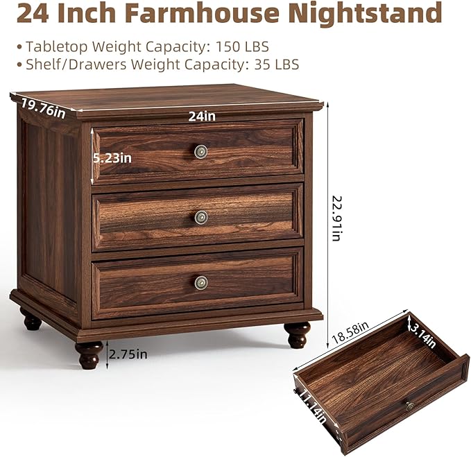 24" Wide Farmhouse Night Stand Set of 2,Large End Table with 3 Drawers & Metal Handle,Brown Wood Dresser for Bedroom Cabinet, Bed Side Table Chest of Drawers,Nightstand for Living Room,Closet