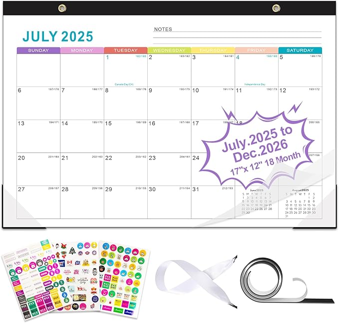 Gannyfer 2025-2026 Desk Calendar, Fridge Calendar Magnet, 18 Monthly Large Yearly Desktop/Wall Calendar, July 2025 - Dec 2026, with Plastic Cover Hanging String Corner Protectors, 17" x 12", Organizers for Office, Home and School (3 Sticker)