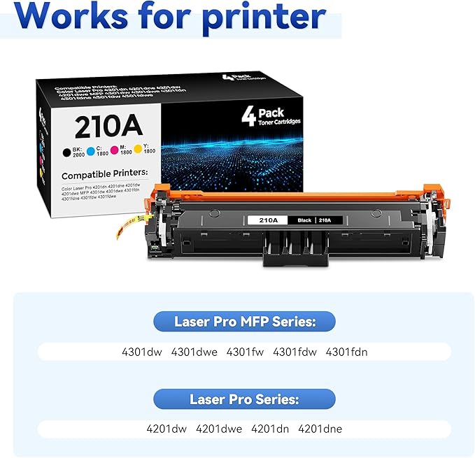210A Toner Cartridge 4Pack Compatible with HP 210A 210X Toner Cartridge with 210A Toner Color Laser Jet Pro MFP 4301fdw 4201dw 4201dn 4301fdn 4301fdw 4301dw Printer (Black/Cyan/Magenta/Yellow)