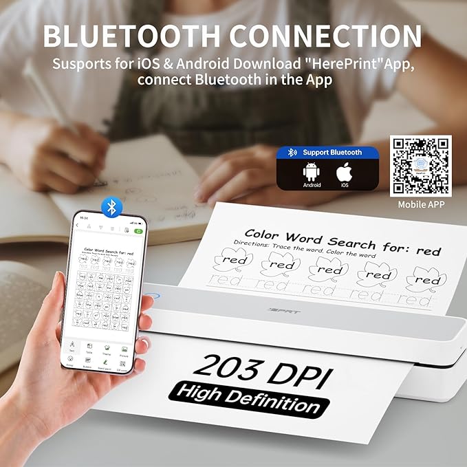 iDPRT Portable Thermal Printer,203DPI Wireless Bluetooth Small Printers for Travel,Office,Vehicles,Support 8.5" x 11" US Letter&A4 A5 Size, Compatible with Smartphone & Laptop
