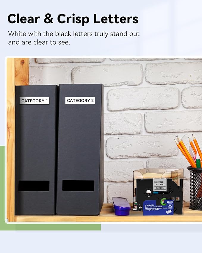 12mm 0.47 Laminated White Tape Tze Tz Label Compatible with Brother P-touch 1/2 Inch Black on White P Touch Label Maker TZe231 for PT-D210 1280 1750 PT-P300BT PT-P700BT Cube Plus Tape, 10-Pack