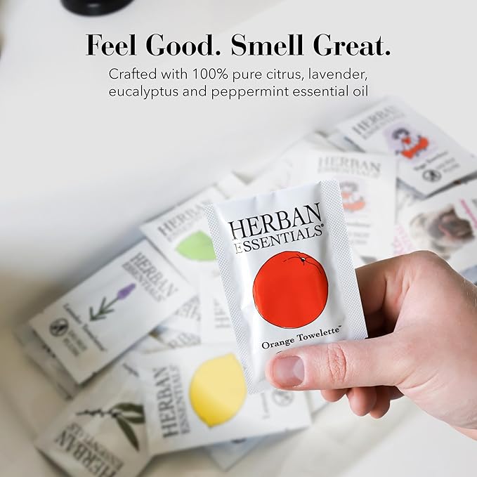 Herban Essentials - Assorted Wipes & Towelettes - Essential Oil Wipes for Hands, Face and Body - Travel Size Essentials and Toiletries - Natural, Individually Wrapped, Disposable and Moist (20 count)