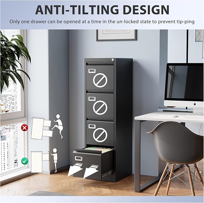 4 Drawer File Cabinet, Filing Cabinets for Home Office, Metal Vertical File Storage Cabinet with Lock, Locking File Cabinet for A4 Legal/Letter, 15" W x 17.7" D x 50.1" H, Assembly Required