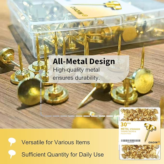 30 PCS Metal Gold Push Pins for Wall Clear Thumb Tacks for Walls Flat thumbtacks Push pin for Bulletin Board Shadow Box Display Thumbtack for Cork Board (Gold)