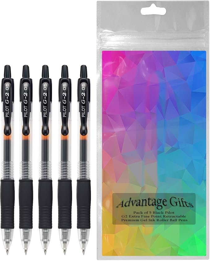 G2 Retractable Premium Gel Ink Roller Ball Pens Extra Fine Point (.5mm) Black Ink 5 pack; Refillable & Premium Comfort Grip Bundle with Plastic Reusable Pouch