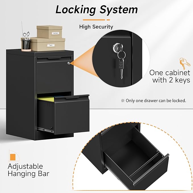 2 Drawer File Cabinet, 17.8" Deep Filing Cabinet for Home Office, Metal Vertical File Cabinet with Lock for Letter/Legal/A4/F4 Size, Easy Assemble (Black)