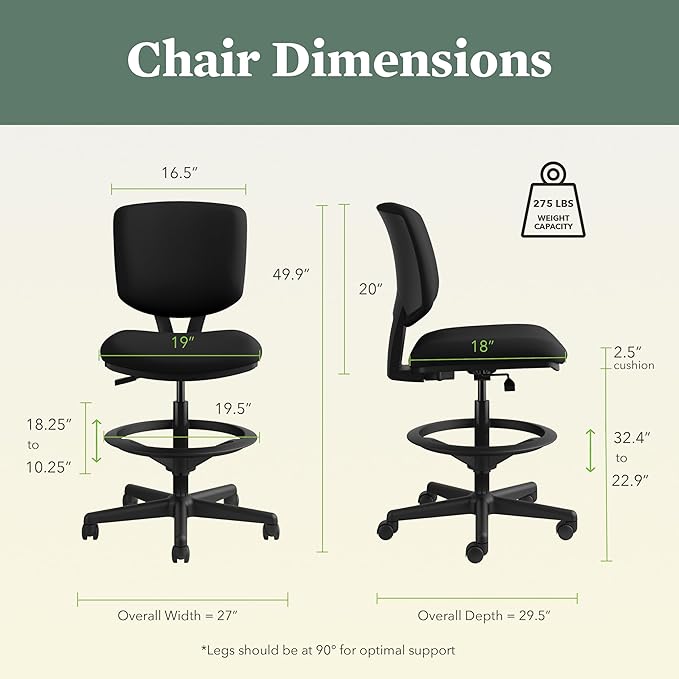 HON Volt Standing Desk Chair, Fabric Office Chair with Foot Rest, Armless, Ergonomic Recline and Center Tilt, for Computers, Offices, Work, Black