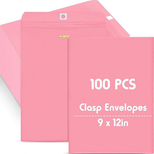 Geyee 100 Pcs Clasp Manilla Envelopes 9 x 12 Inch Gummed Colored Envelopes for Storing or Mailing for Home Office Business Supplies(Cherry Color)