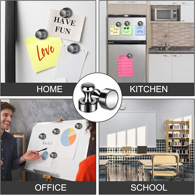 20 Pack Strong Refrigerator Magnets - Whiteboard, Small Fridge, Magnetic Push Pins - Brushed Nickel for Kitchen, Office, School, Locker, Map