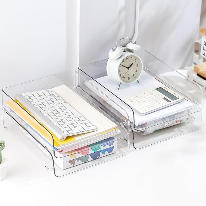 Gagee 2 Pack Paper Organizer for Desk,Clear Stackable Paper Sray, Office Desk Organizer for Notes, Pens, File, Document, Paper Holder ﻿