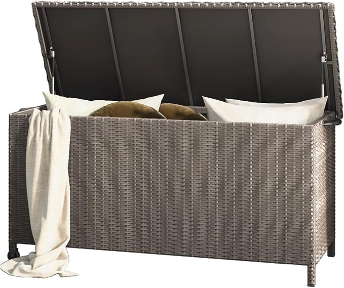 Grand patio 108 Gallon Deck Storage Box Indoor Outdoor Wicker Bin for Patio Furniture Cushions Garden Tools Pool Accessories, Greige